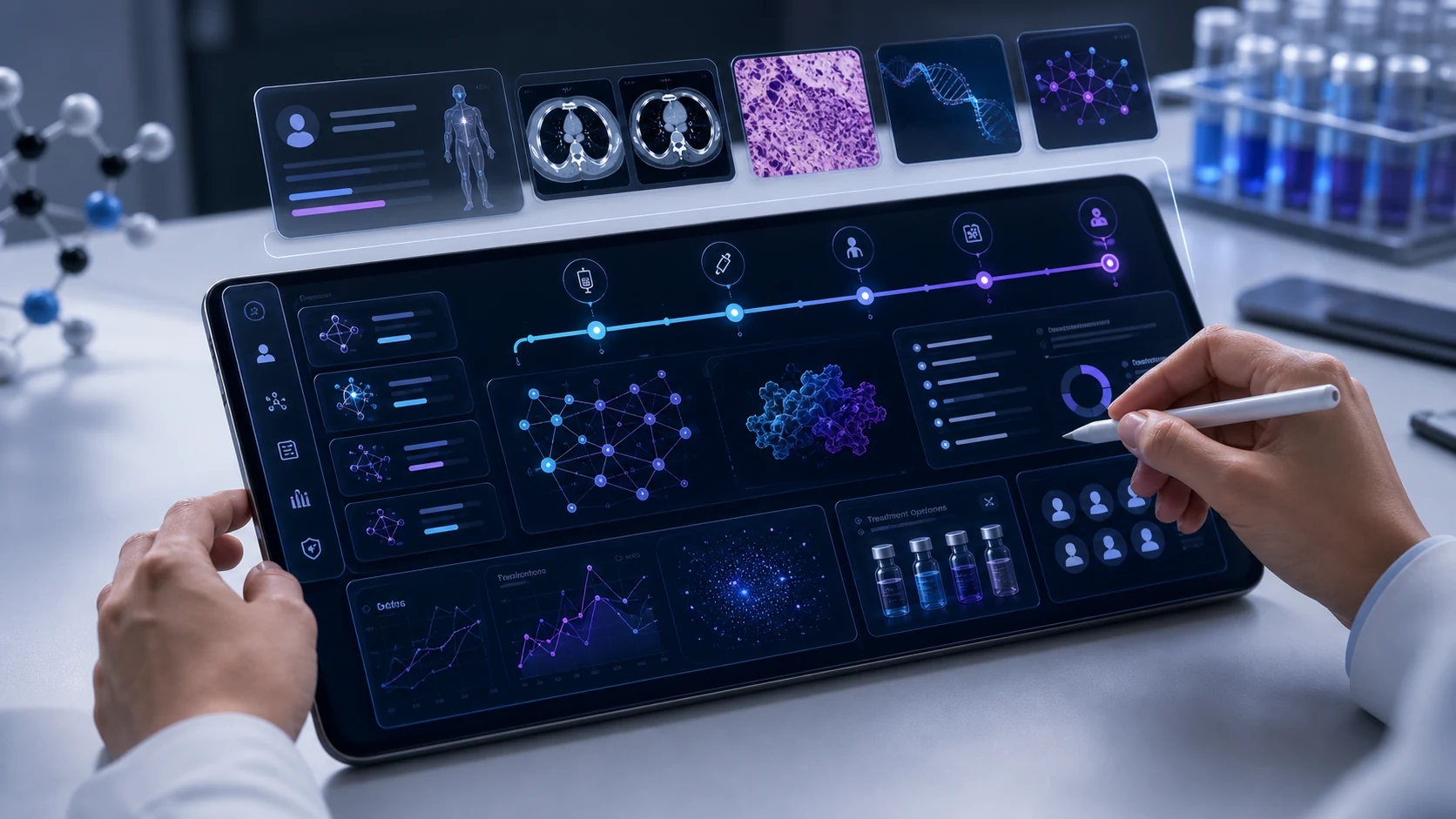 Abstract healthcare AI illustration for AI-Assisted Oncology Case Analysis: Building the Next Clinical Intelligence Layer