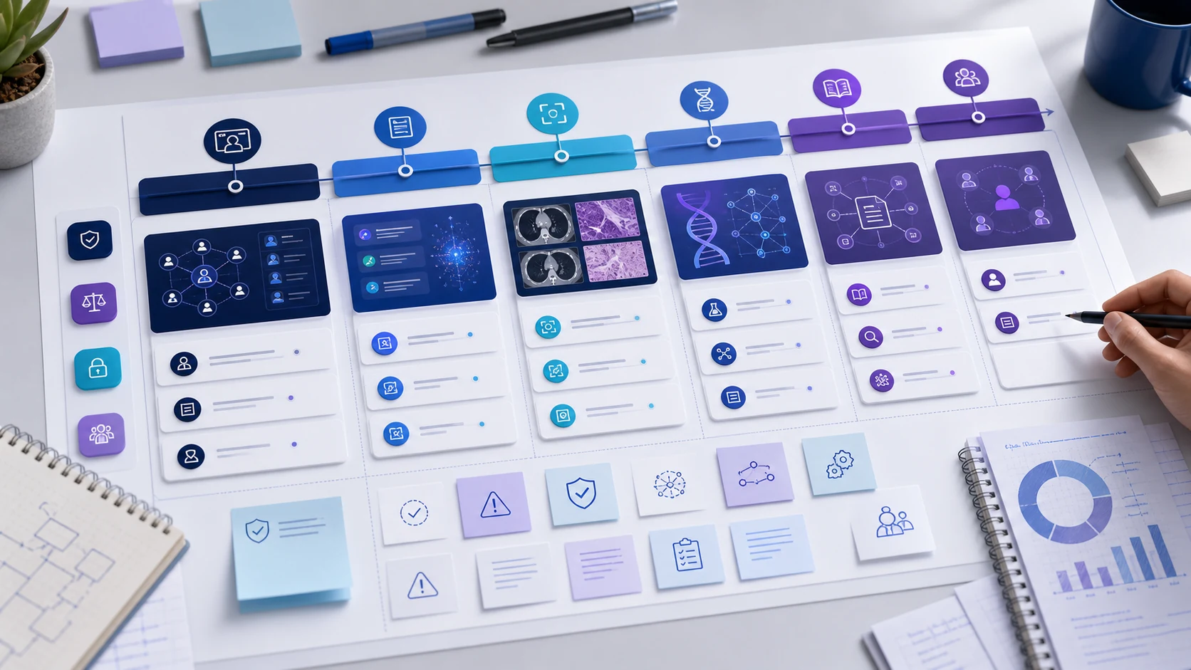 Abstract healthcare AI illustration for Designing an Oncology AI Product Roadmap Without Overclaiming